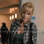 Beth's olive button front top and plaid shirt on Dutton Ranch
