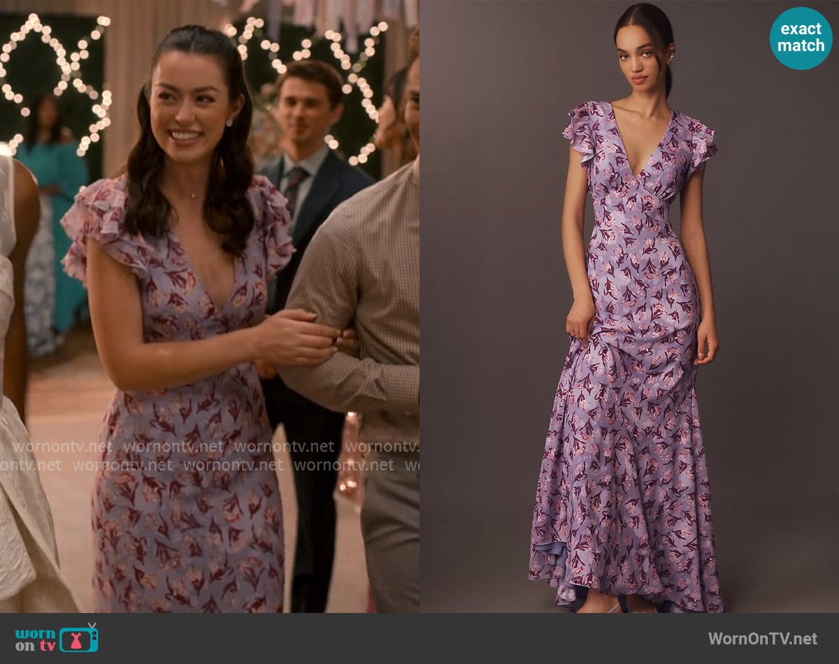BHLDN Eva Flutter-Sleeve Plunge V-Neck Maxi Dress worn by Annie Sullivan (Anneliese Judge) on Sweet Magnolias