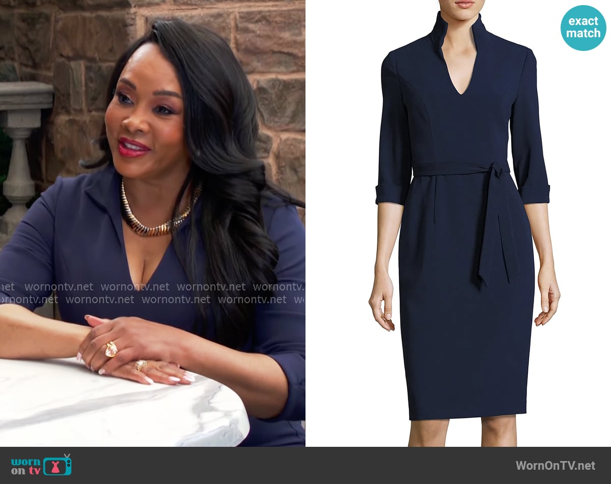 Stephanie’s navy v-neck dress on The Young and the Restless