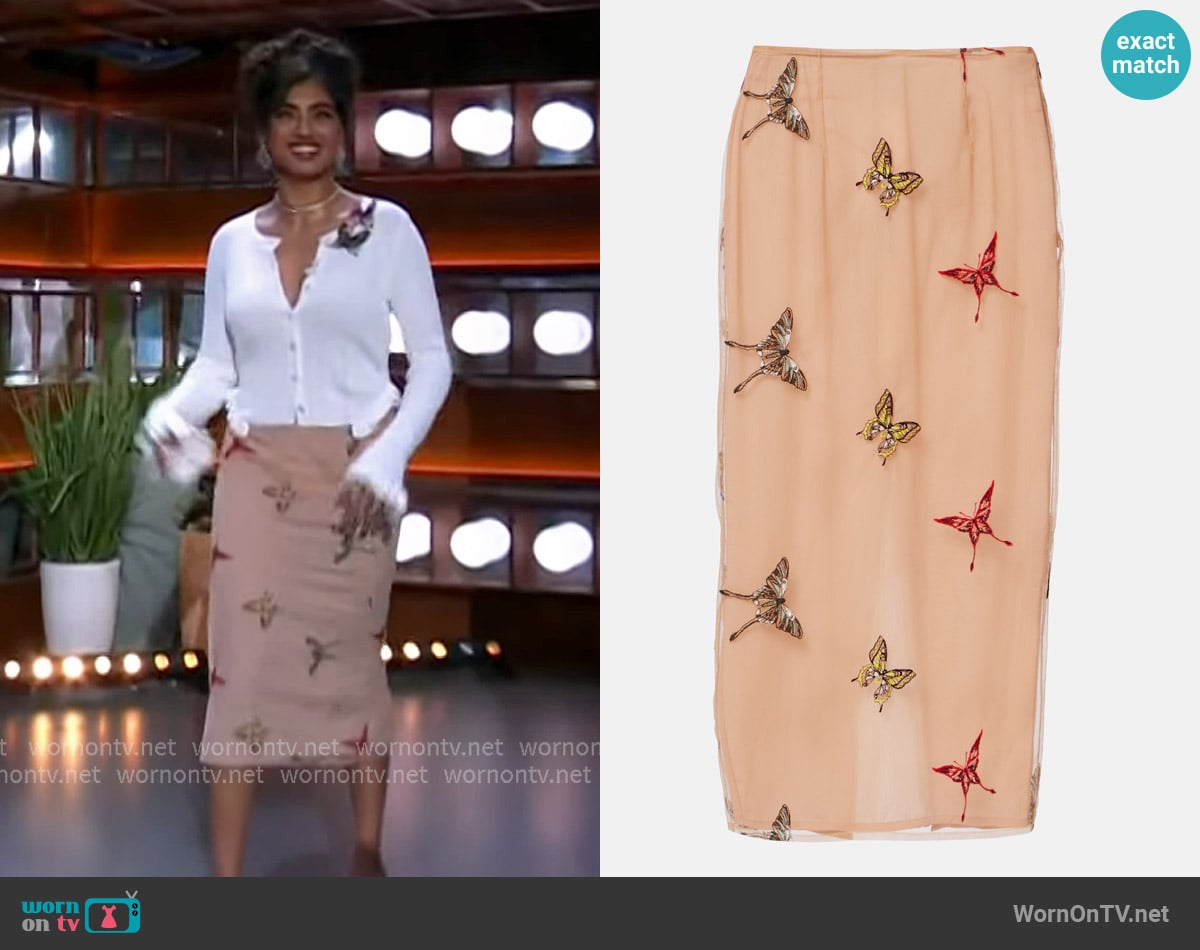 Blumarine Appliqué midi skirt worn by Avantika on The Kelly Clarkson Show