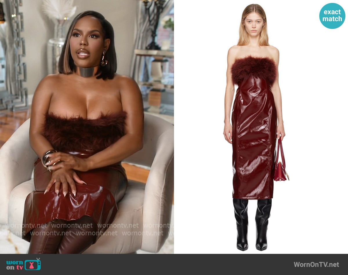 Blumarine Burgundy Marabou Feather Faux-Leather Midi Dress worn by Kelli Ferrell on The Real Housewives of Atlanta