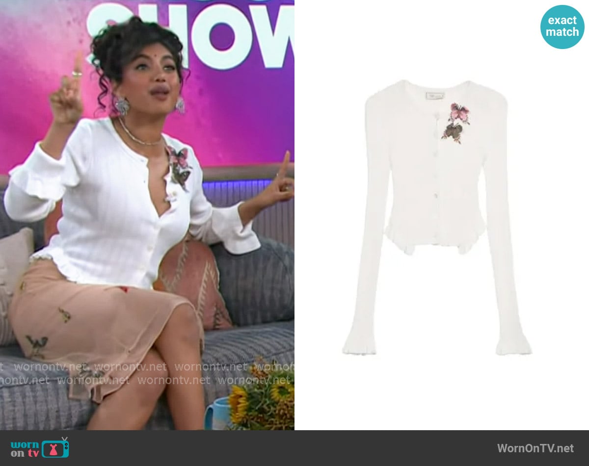 Blumarine Ruffled Cardigan worn by Avantika on The Kelly Clarkson Show