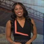 Brittany Bell’s black stripe-trim wrap dress on Good Morning America Brittany Bell’s black stripe-trim wrap dress on Good Morning America