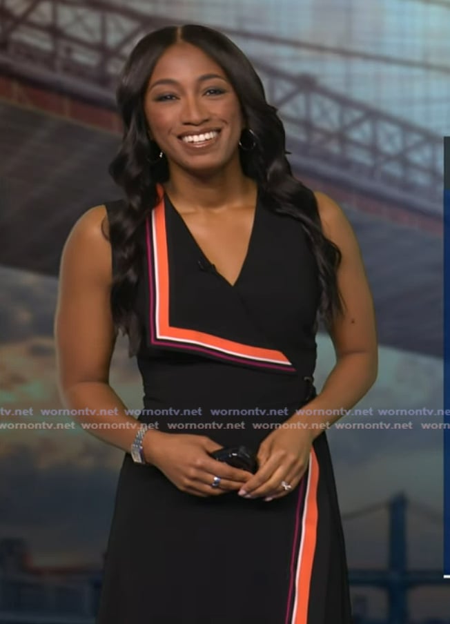 Brittany Bell's black stripe-trim wrap dress on Good Morning America