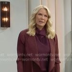 Brooke’s burgundy long jacket, cowl neck top and satin skirt on The Bold and the Beautiful