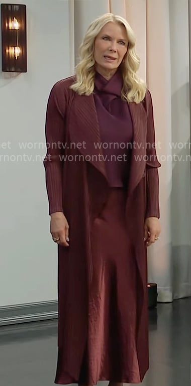 Brooke’s burgundy long jacket, cowl neck top and satin skirt on The Bold and the Beautiful