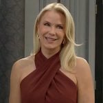 Brooke’s dark red cross-neck jumpsuit and belt on The Bold and the Beautiful