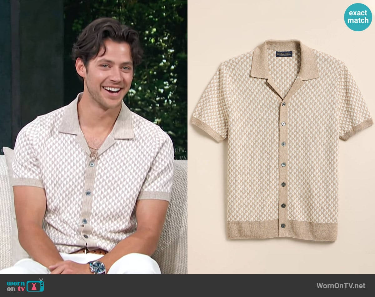 Brooks Brothers Linen-Cotton Jacquard Johnny Collar Cardigan in Ivory worn by Matt Cornett on Access Hollywood