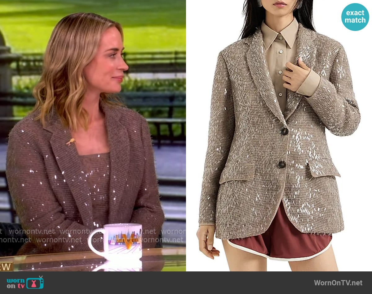 Brunello Cucinelli Dazzling Cascade Embroidery Blazer in Crispy Silk worn by Emily Blunt on The View