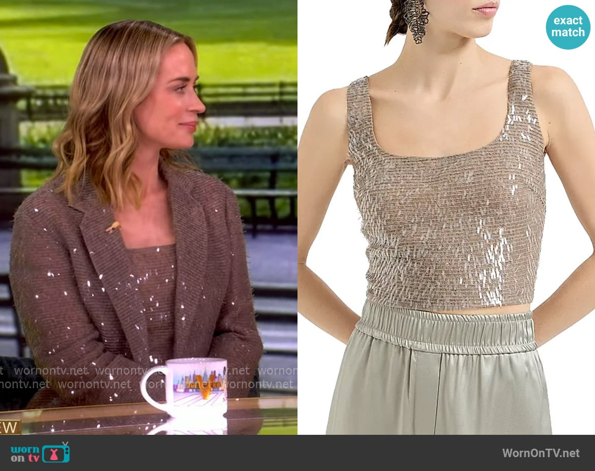 Brunello Cucinelli Dazzling Cascade Embroidery Cropped Top worn by Emily Blunt on The View