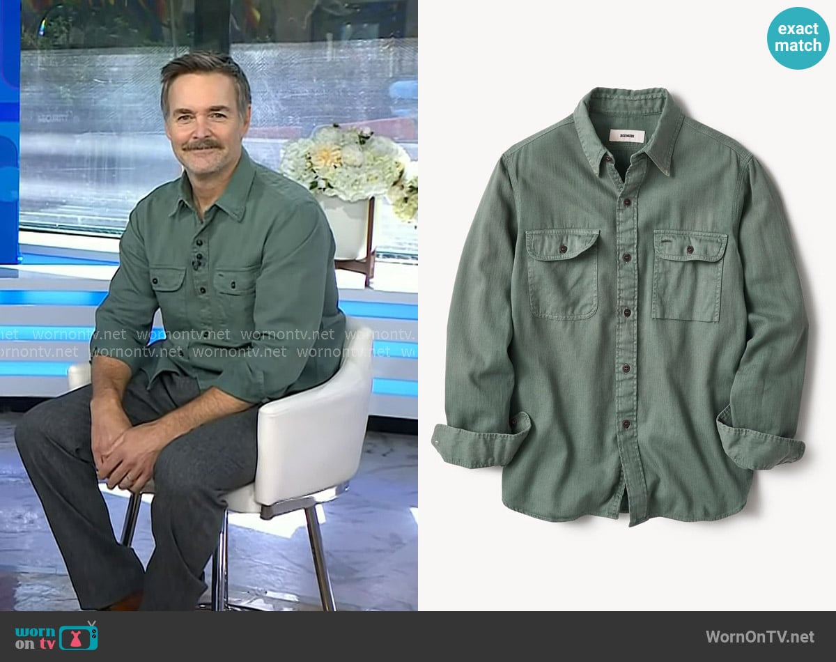 Buck Mason Hemp HBT Soft Pack Station Shirt in bottle green venice wash worn by Will Forte on Today