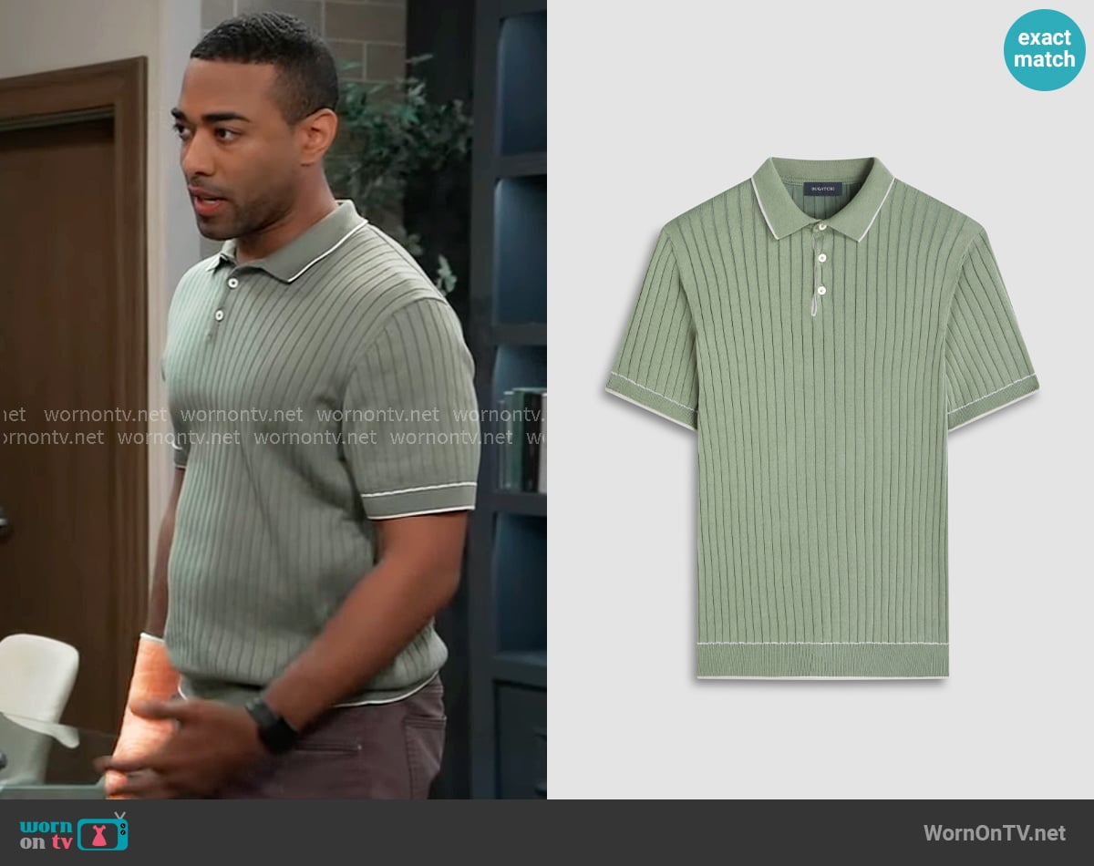 Bugatchi Rib Stitch Short Sleeve Polo Sweater in Khaki worn by  Isaiah Gannon (Sawandi Wilson) on General Hospital