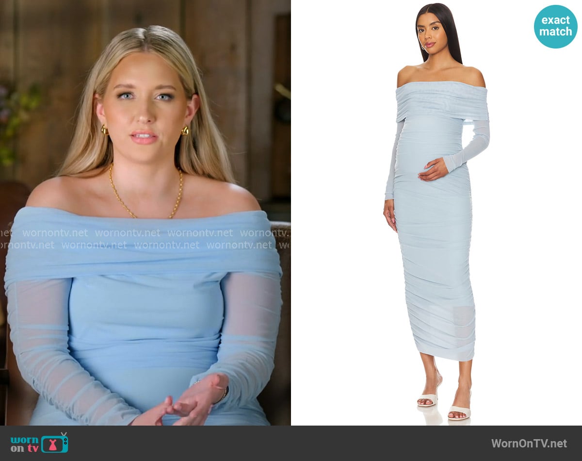 Bumpsuit Off The Shoulder Mesh Dress in Powder Blue worn by Kacie Adkison on The McBee Dynasty Real American Cowboys