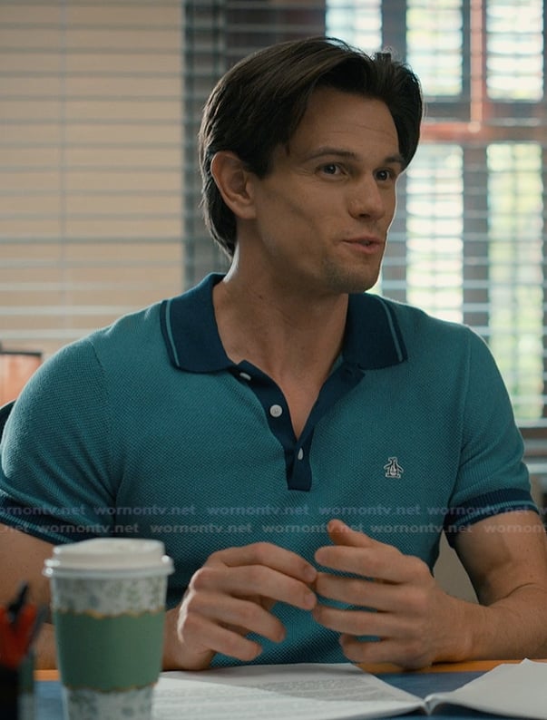 Cal’s teal contrast polo on Sweet Magnolias