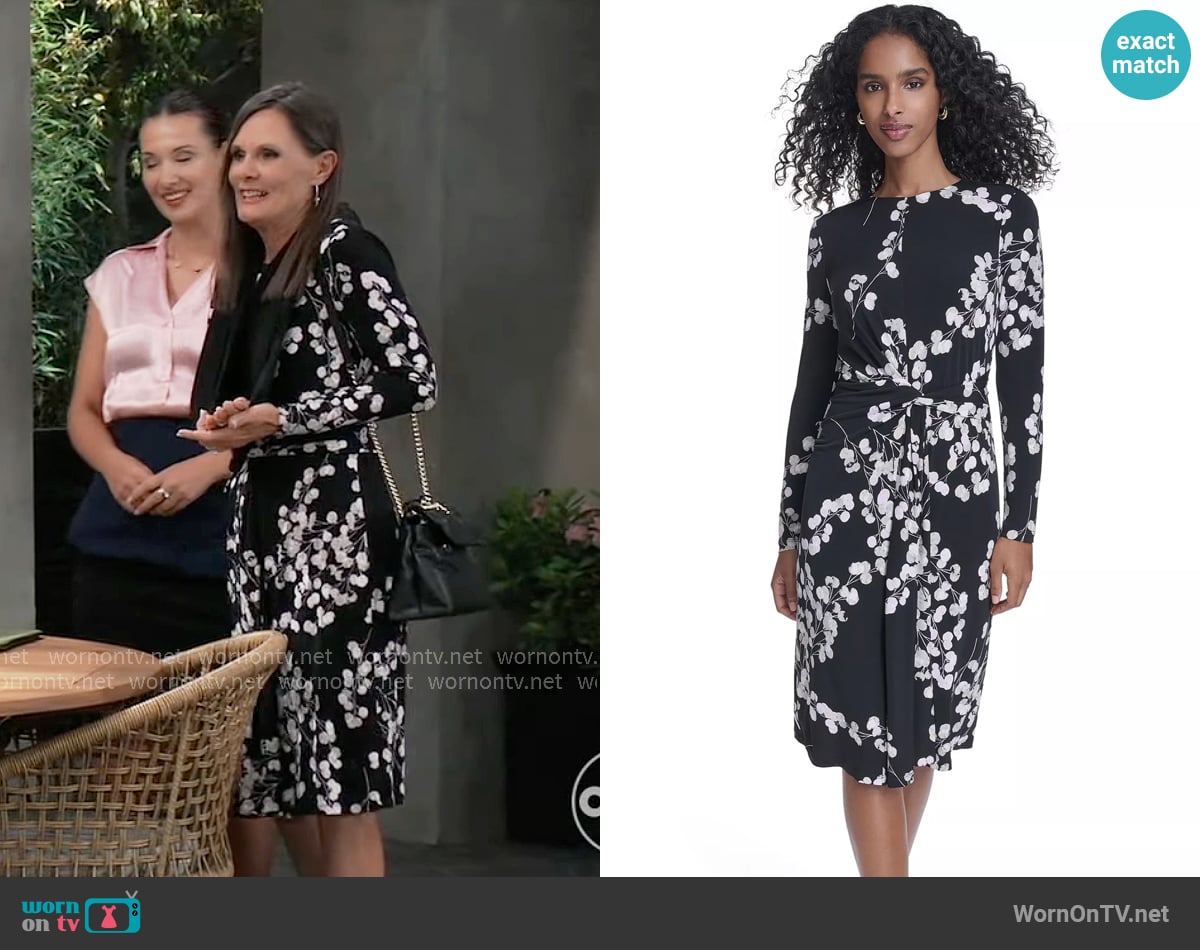 Calvin Klein Jersey Surplice Long-Sleeve Crewneck Dress in Black / Cherry Blossom worn by Lucy Coe (Lynn Herring) on General Hospital