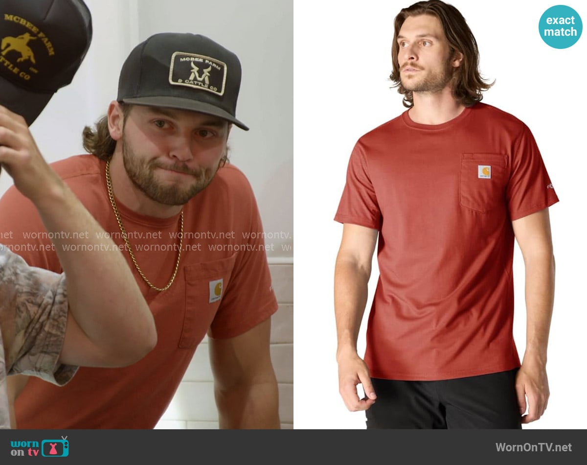 Carhartt Force Short-Sleeve Pocket T-Shirt in Atomic Red worn by Jesse McBee on The McBee Dynasty Real American Cowboys