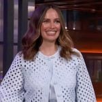 Carley Fortune's blue crochet knit top and skirt