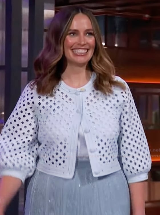 Carley Fortune’s blue crochet knit top and skirt
