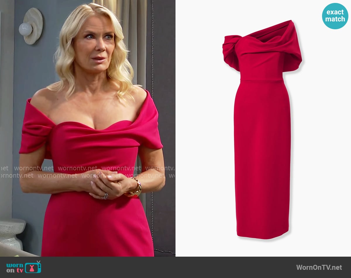 Carolina Herrera Draped Off-Shoulder Column Dress worn by Brooke Logan (Katherine Kelly Lang) on The Bold and the Beautiful