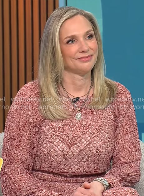 Catherine Fisher’s red printed midi dress on CBS Mornings