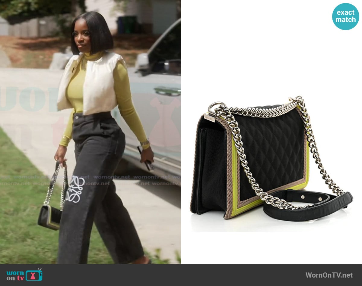 Chanel Canvas Quilted New Medium Fluo Boy Flap Black Grey Yellow worn by Shamea Morton Mwangi on The Real Housewives of Atlanta