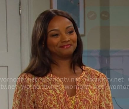 Chanel’s orange paisley print mini dress on Days of our Lives