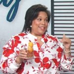 Chef Lovely’s white and red floral blouse on Access Hollywood