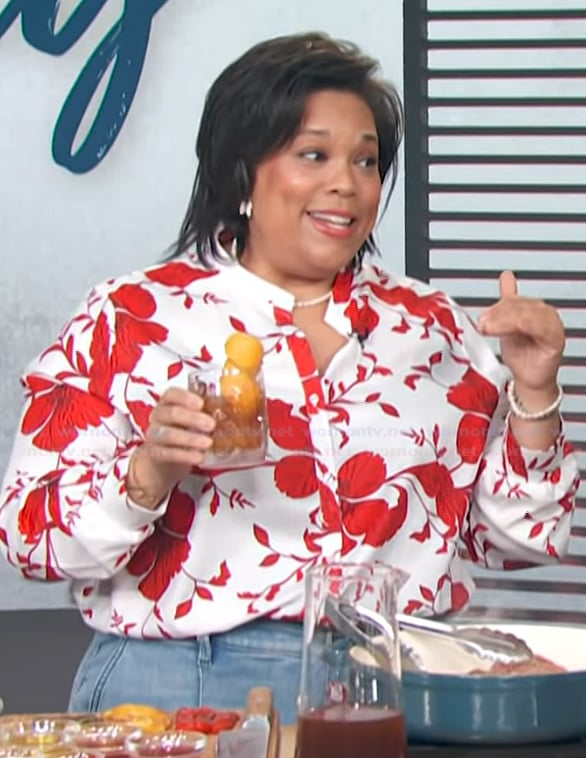Chef Lovely’s white and red floral blouse on Access Hollywood