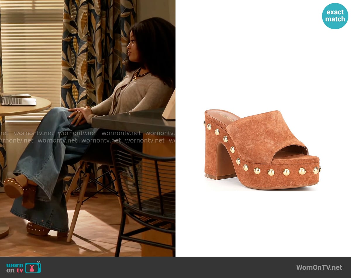 Chelsea & Violet Alliah Suede Studded Platform Sandals worn by Eva Thomas (Ambyr Michelle) on Beyond the Gates