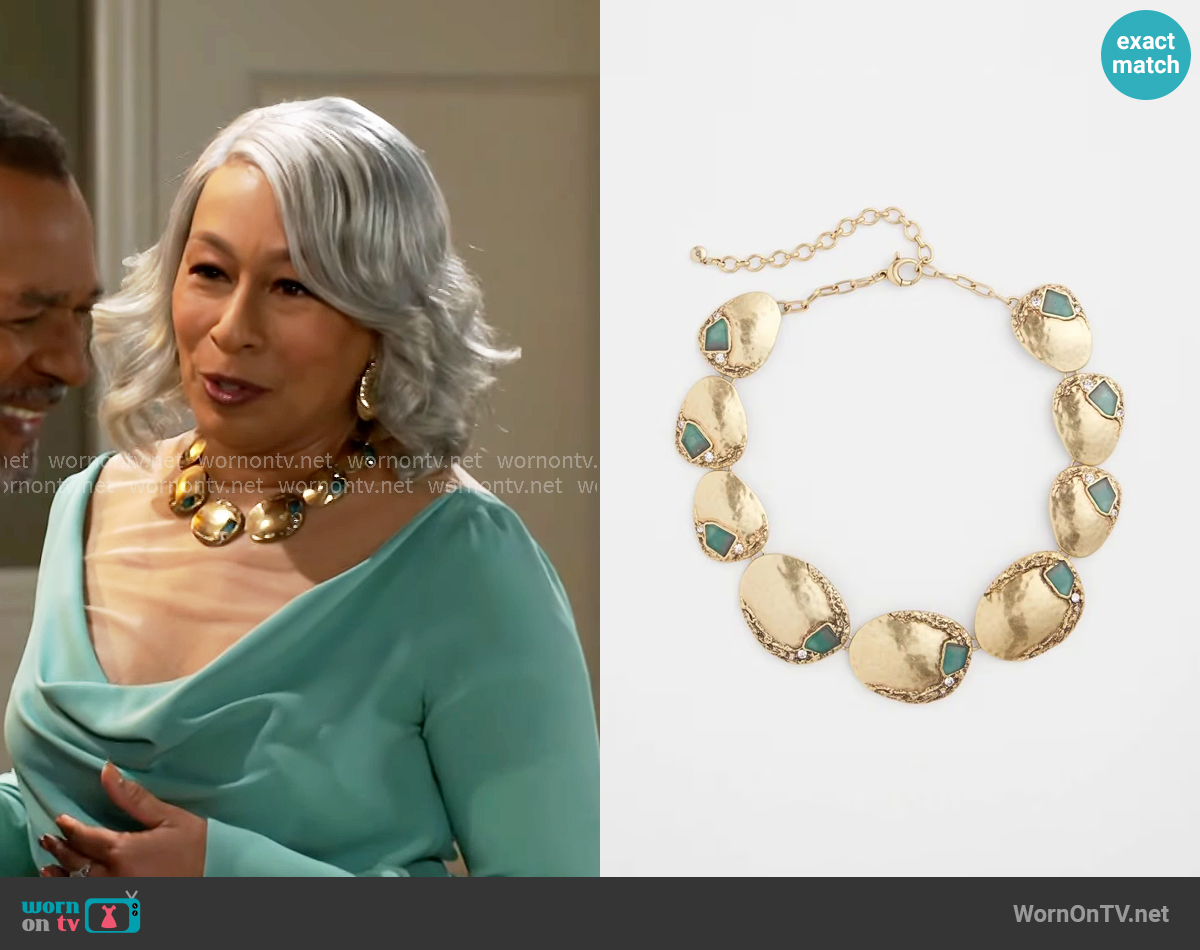 Chicos Aqua & Gold Collar Necklace worn by Anita Dupree (Tamara Tunie) on Beyond the Gates