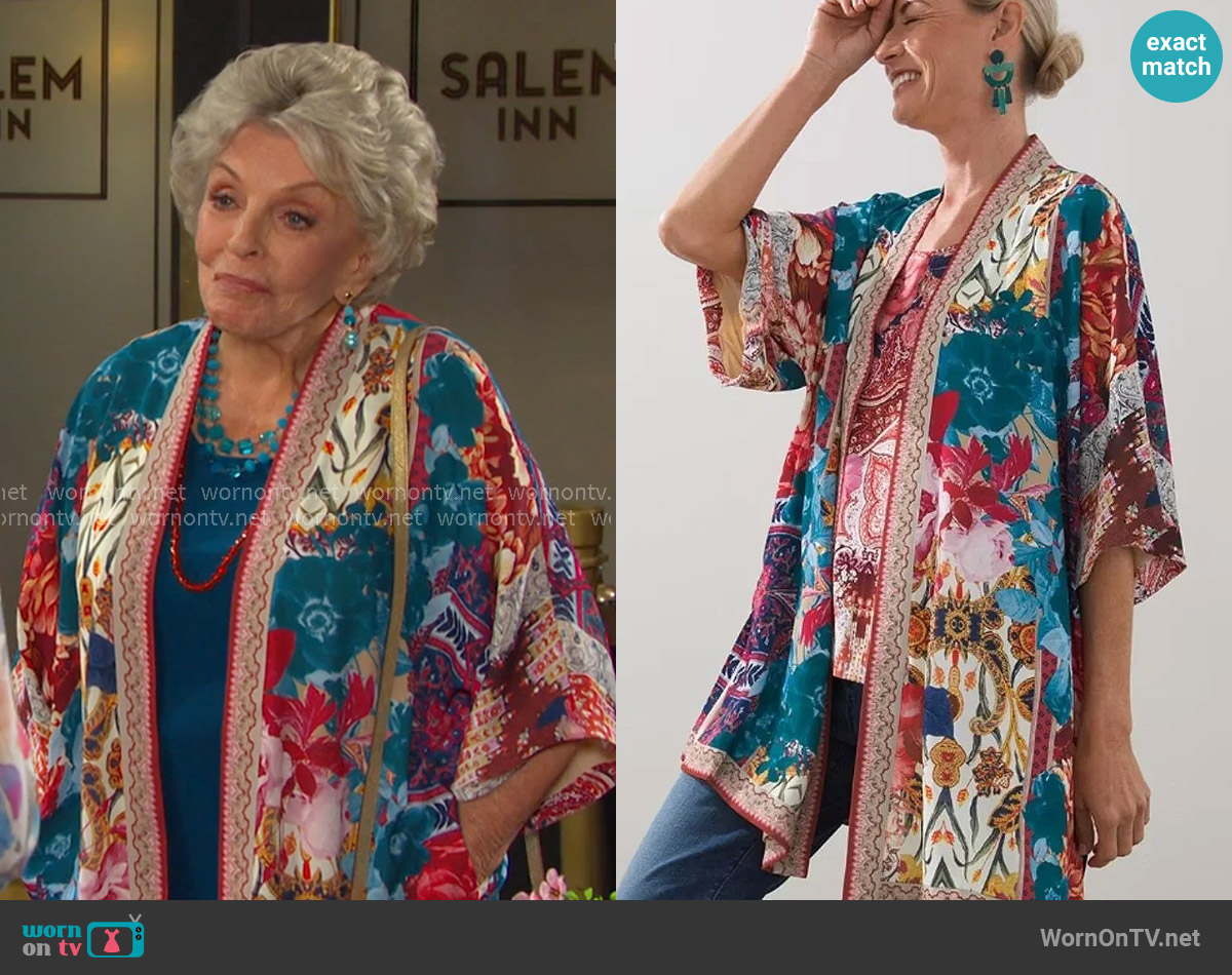 Chicos Tapestry Print Mid Length Kimono worn by Julie Olson Williams (Susan Seaforth Hayes) on Days of our Lives