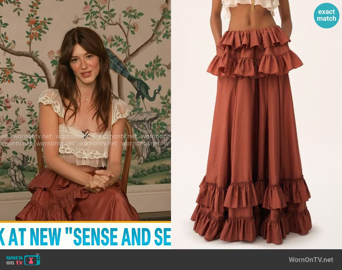 Chloe Tiered Maxi Skirt in washed silk taffeta in Cedar Pink worn by Daisy Edgar-Jones on Today