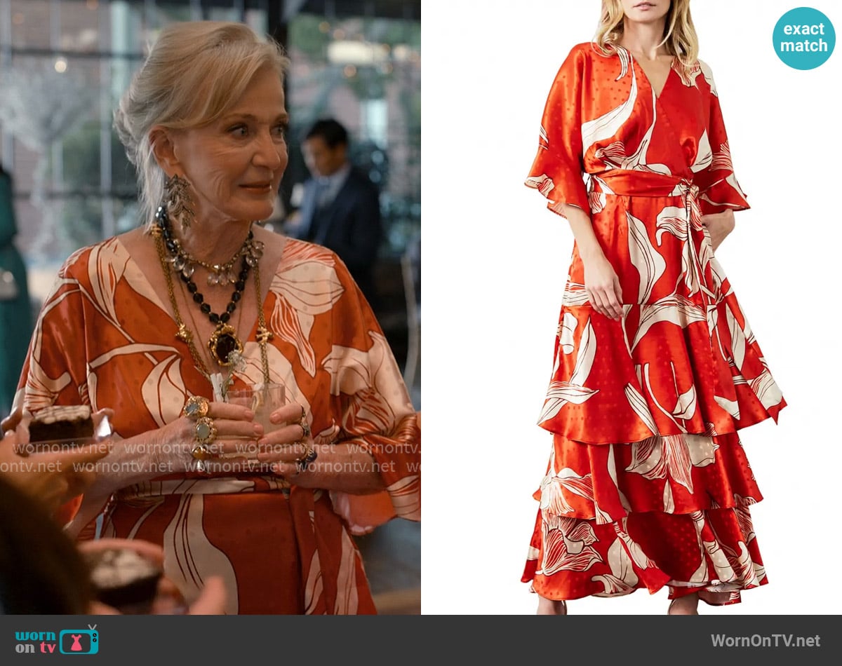 Ciebon Calix Floral Dot Jacquard Tiered Satin Maxi Dress worn by Paula Vreeland (Caroline Lagerfelt) on Sweet Magnolias