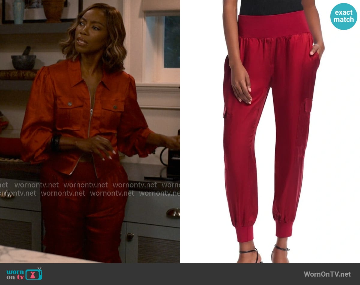 Cinq a Sept Giles Pants in Rosewood worn by Helen Decatur (Heather Headley) on Sweet Magnolias