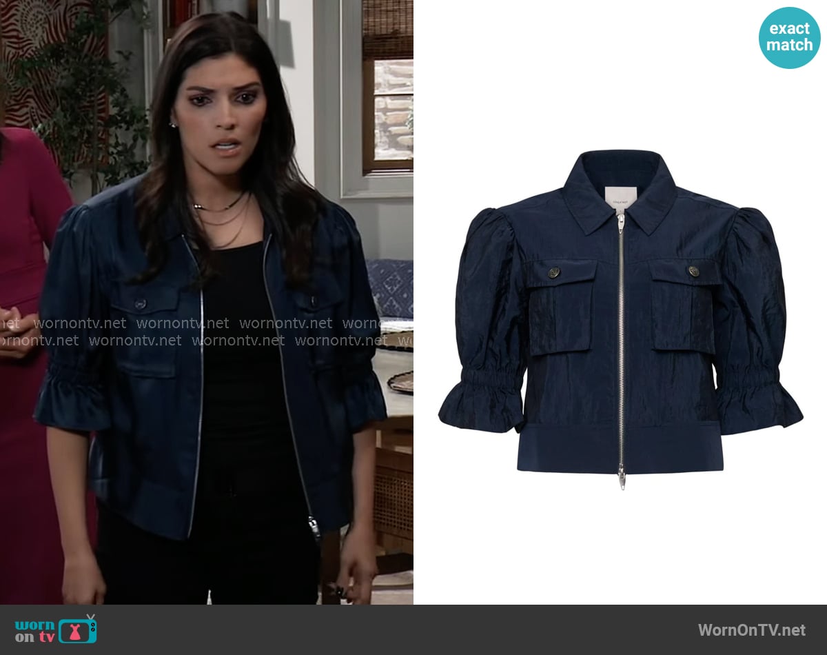 Cinq a Sept Holly Jacket in Navy worn by Brook Lynn Quartermaine (Amanda Setton) on General Hospital