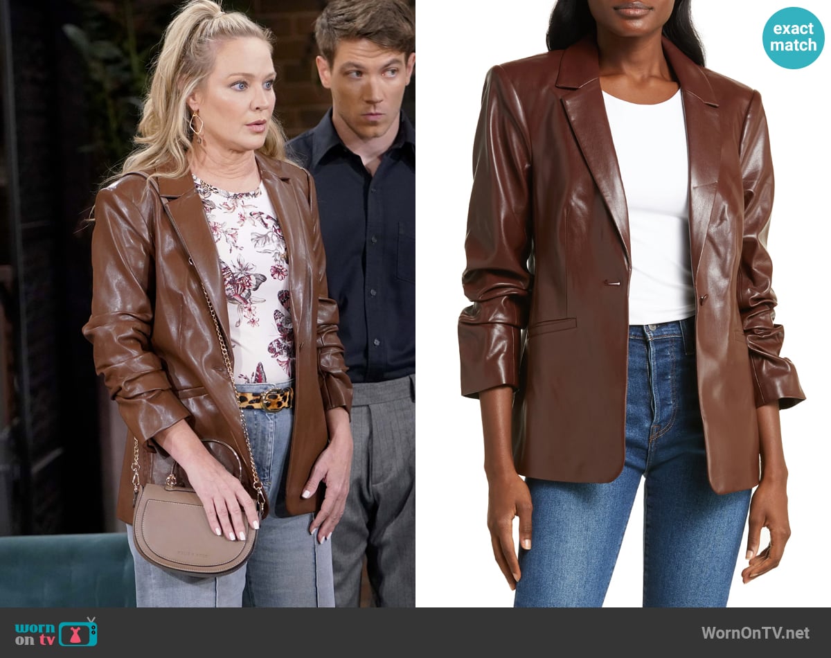 Cinq a Sept Kylie Faux Leather Blazer in Espresso worn by Sharon Newman (Sharon Case) on The Young and the Restless