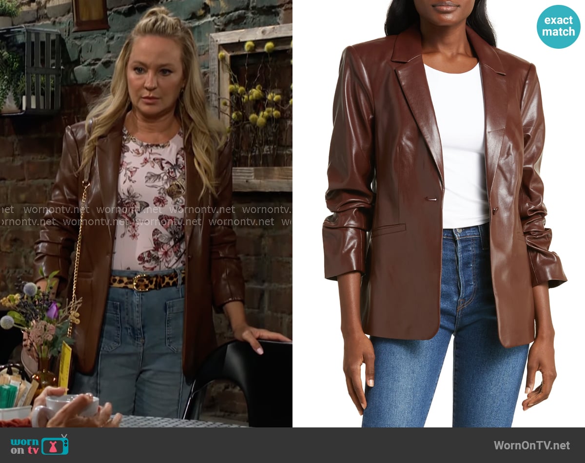 Cinq a Sept Kylie Faux Leather Blazer in Espresso worn by Sharon Newman (Sharon Case) on The Young and the Restless