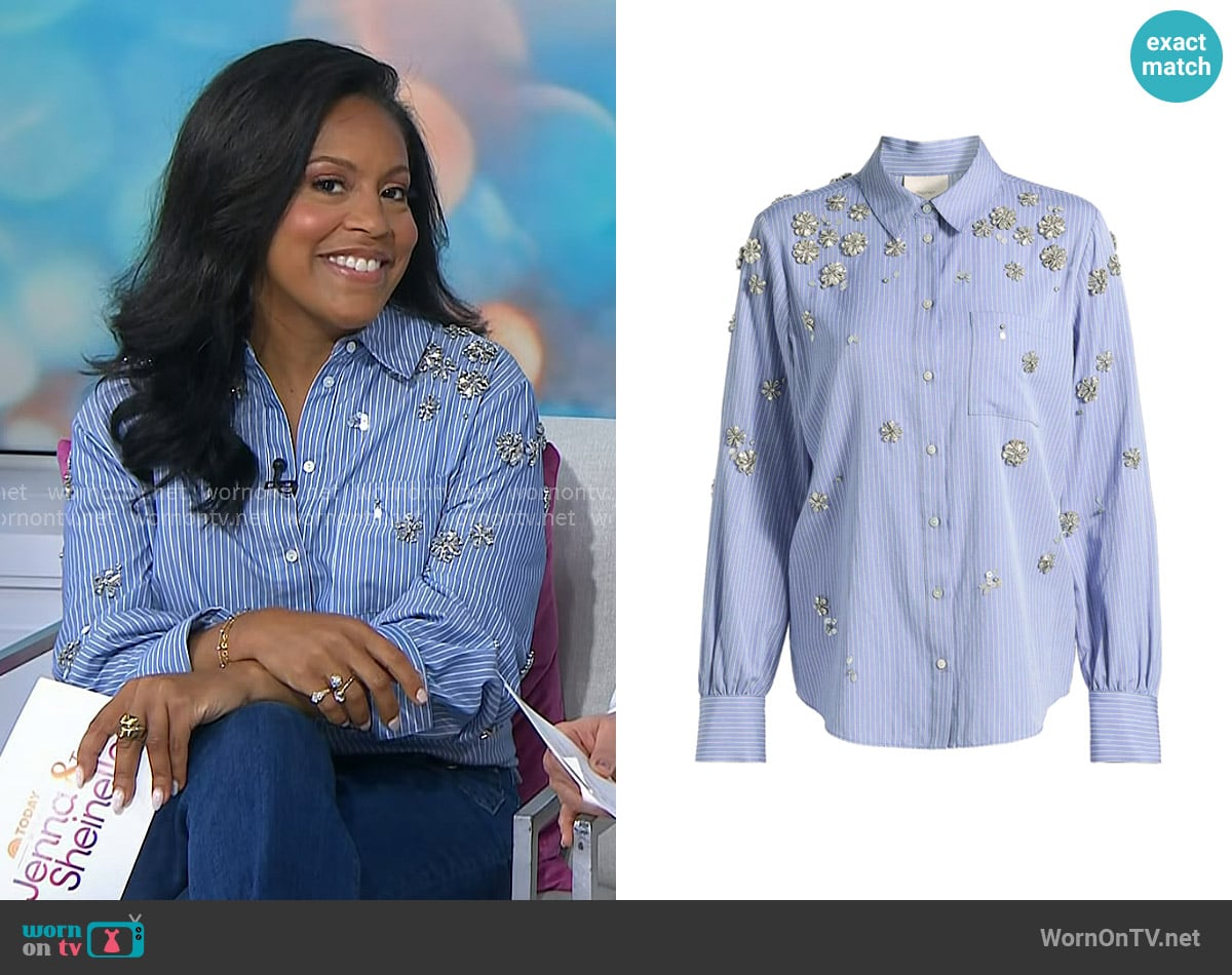 Sheinelle’s blue stripe embellished shirt on Today Sheinelle’s blue stripe embellished shirt on Today