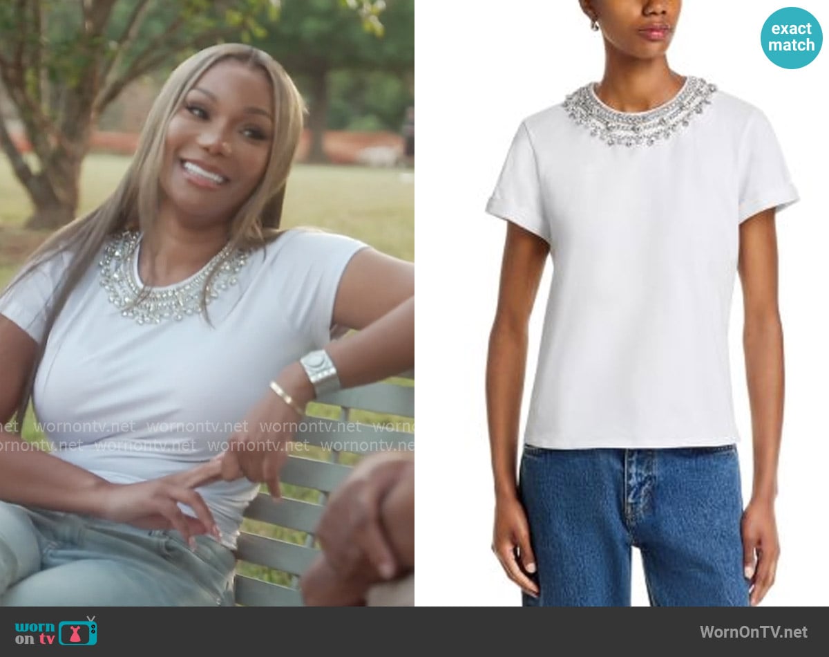 Cinq a Sept Necklace Shrunken Tee worn by Drew Sidora on The Real Housewives of Atlanta