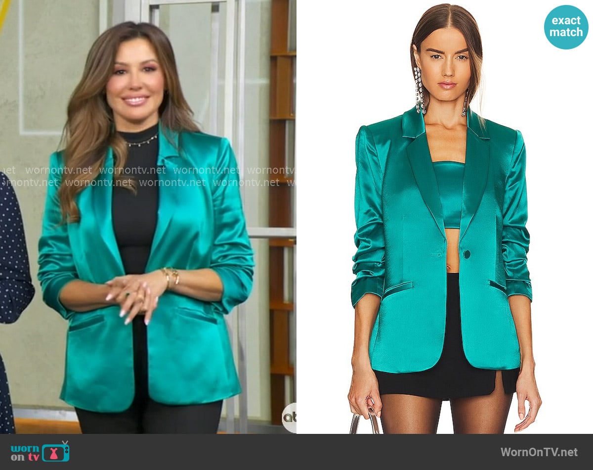 Cinq a Sept Satin Kylie Blazer in Blue Jade worn by Leslie Lopez on Good Morning America