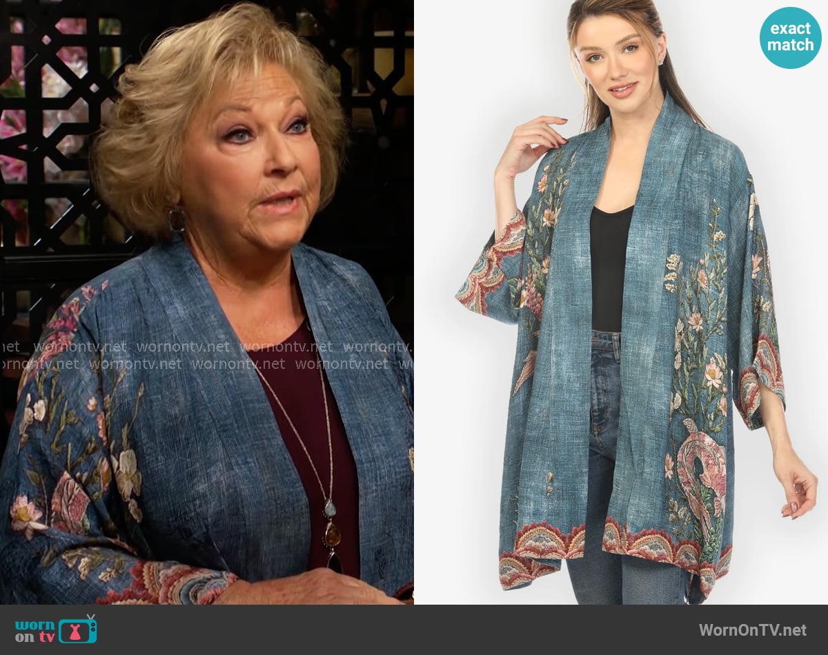 Citron Vintage Koi Embroidery Kimono Jacket worn by Traci Abbott (Beth Maitland) on The Young and the Restless