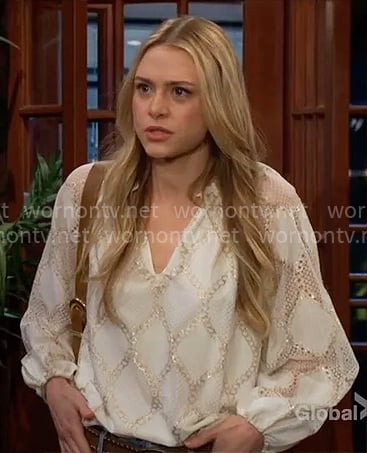 Claire’s white blouse with gold pattern on The Young and the Restless