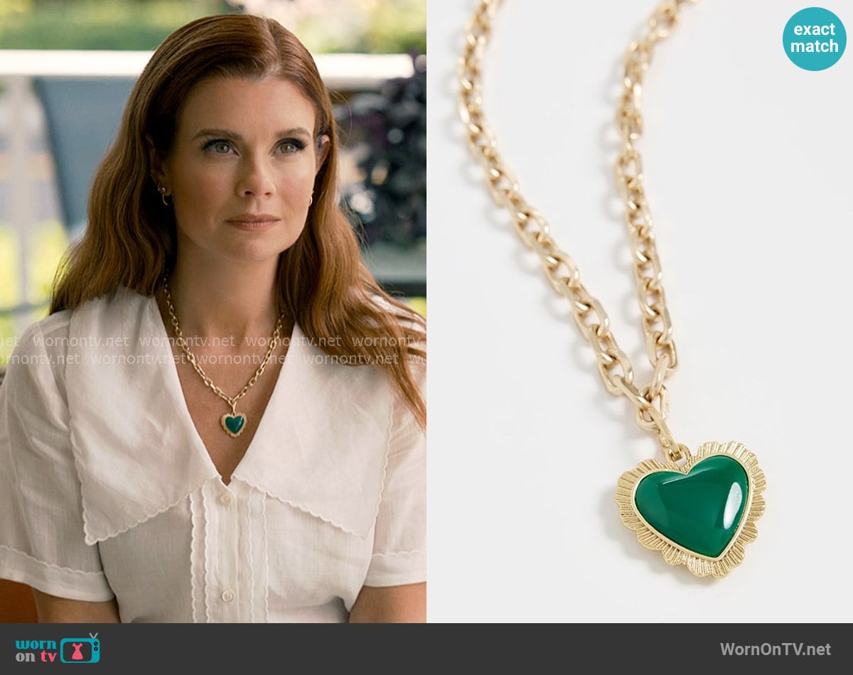 Clare V. Heart Necklace in Vintage Gold Emerald worn by Maddie Townsend (JoAnna Garcia Swisher) on Sweet Magnolias