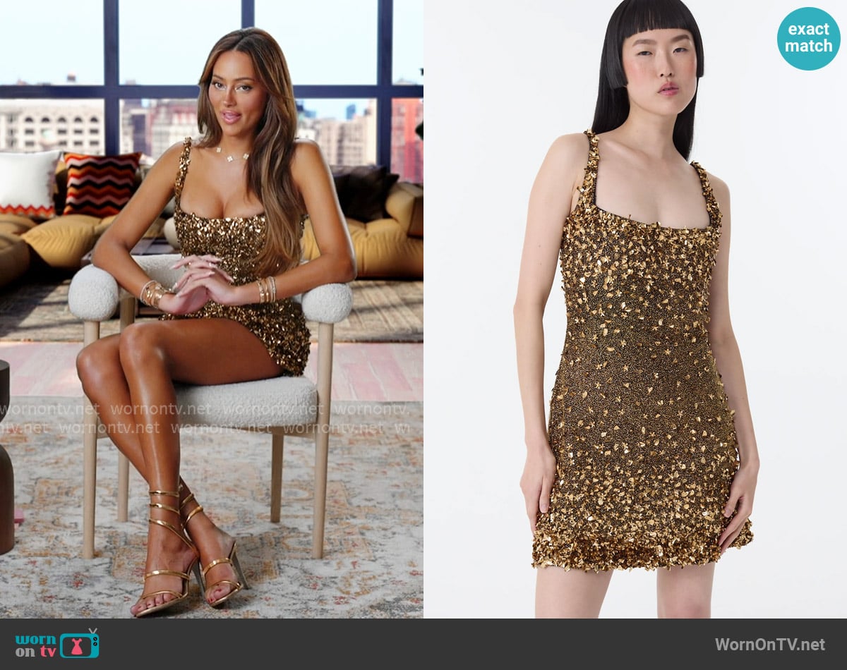Clio Peppiatt Midas Mini Dress Gold worn by Emira D’Spain on Next Gen NYC