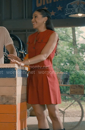Courtney’s red sleeveless top and pleated mini skirt on Sweet Magnolias