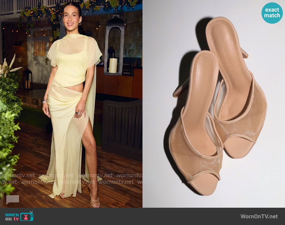 Cult of Coquette Ford Nude Mesh Open Toe Mules worn by Amanda Batula on Summer House