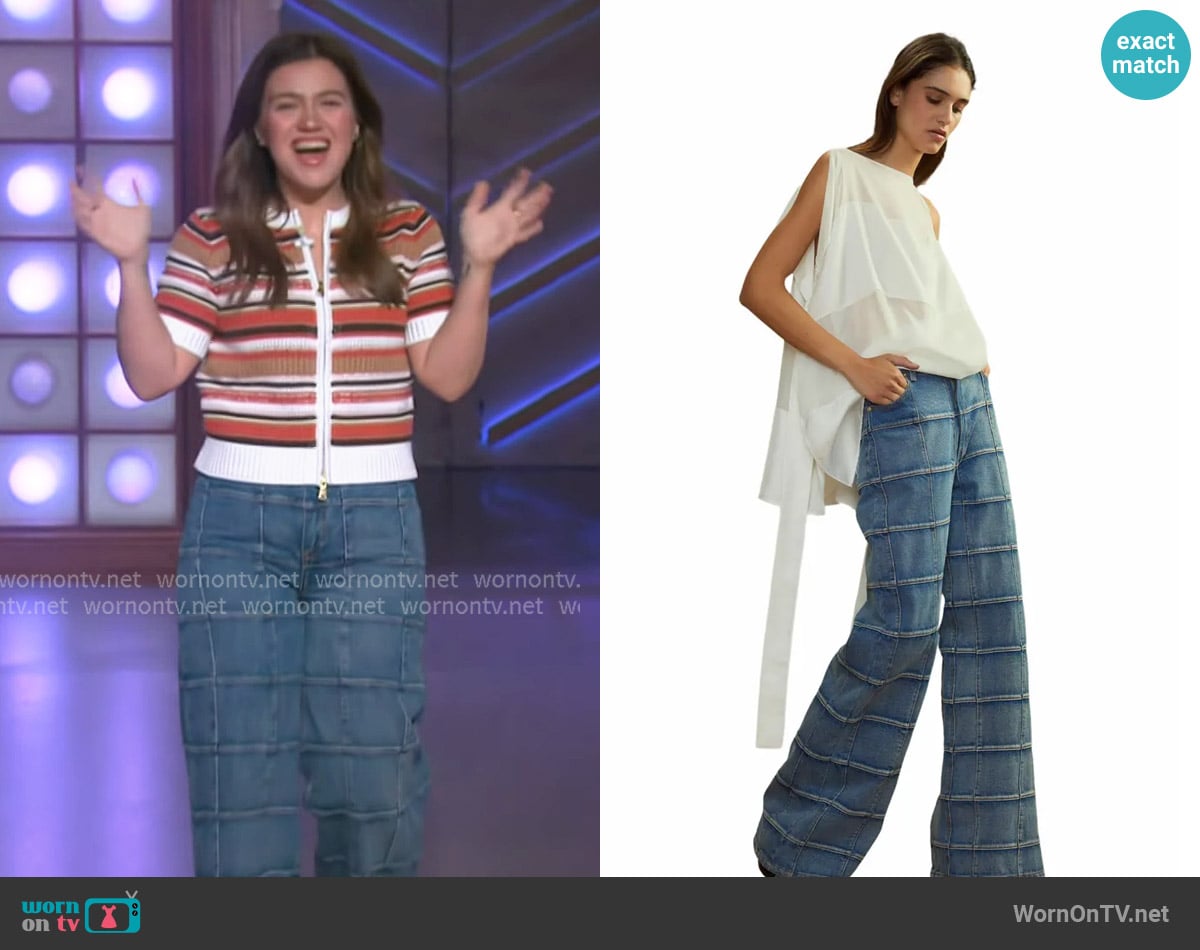 Cynthia Rowley Windowpane Wide-Leg Jeans worn by Kelly Clarkson on The Kelly Clarkson Show