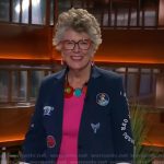 Dame Prue Leith’s navy embroidered blazer on The Kelly Clarkson Show