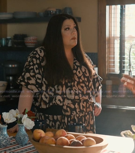 Dana’s black animal print wrap tunic on Sweet Magnolias