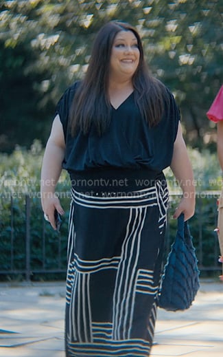 Dana’s black top and navy stripe print skirt on Sweet Magnolias